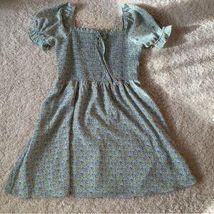 MELLODY Blue & Yellow Smocked Blouse/Mini Dress sz L, Squared Neckline, puff XLV